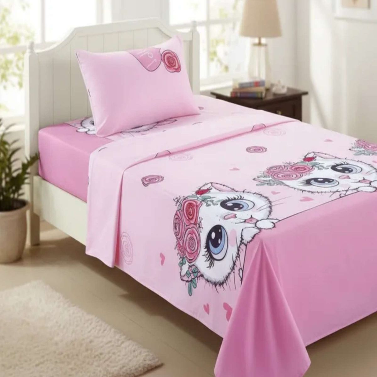 GENERICO - Juego de Sabanas de verano Gatita niña Infantil 1 plaza  MAS 1 ALMOHADA