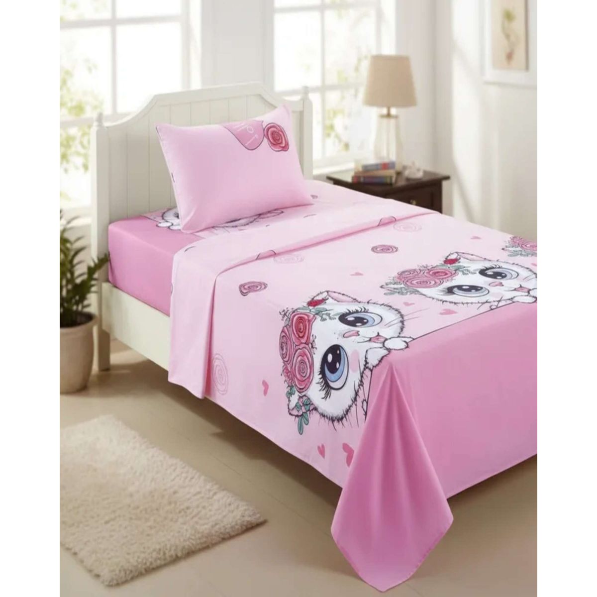 GENERICO - Juego de Sabanas de verano Gatita niña Infantil 1 plaza  MAS 1 ALMOHADA