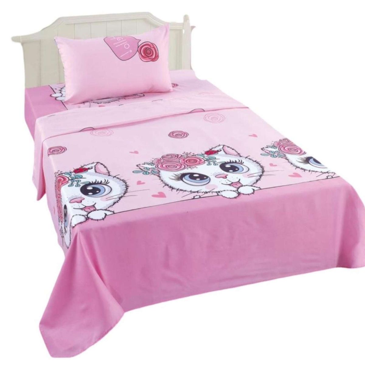 GENERICO - Juego de Sabanas de verano Gatita niña Infantil 1 plaza  MAS 1 ALMOHADA