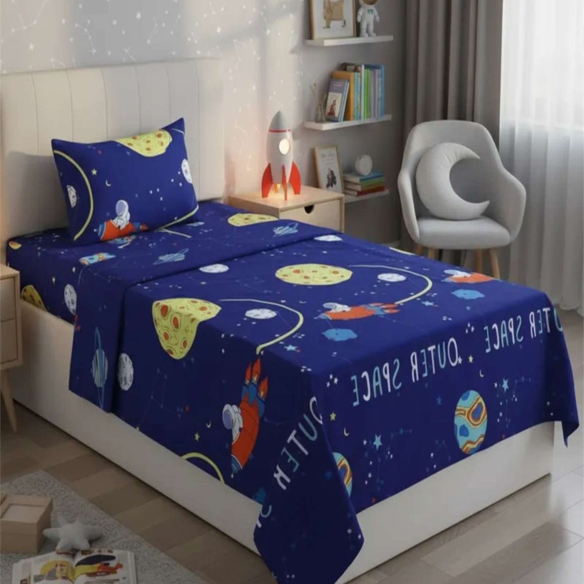 GENERICO - Juego de Sabanas de verano Planeta Astronauta Infantil plaza y media  MAS 1 ALMOHADA