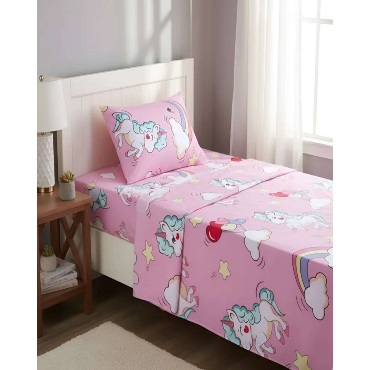 GENERICO - Juego de Sabanas de verano Unicornio niña Infantil plaza y media  MAS 1 ALMOHADA