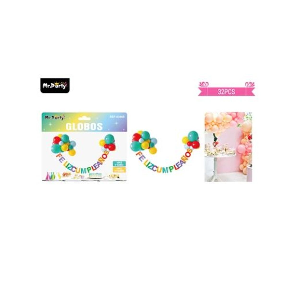 GENERICO - Set de globos látex y guirnalda multicolor 32pcs