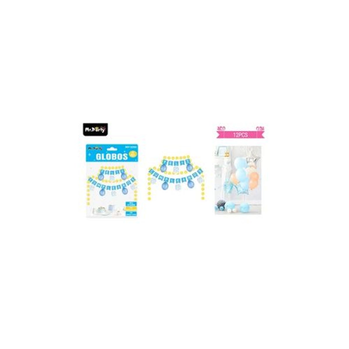 GENERICO - Set de globos látex grande y guirnalda celeste con luz 12pcs