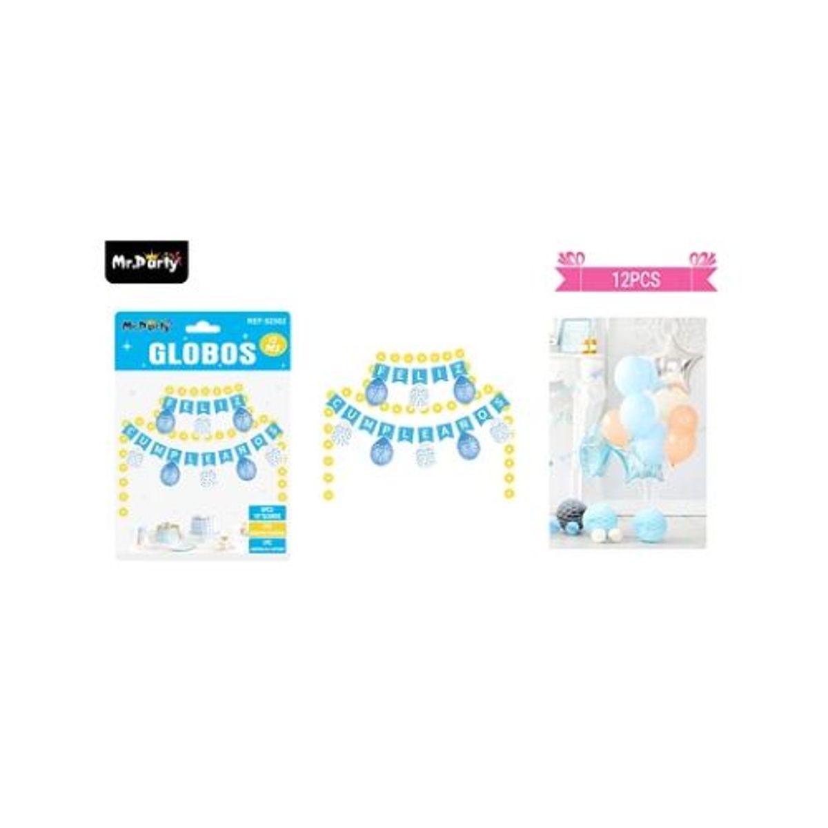 GENERICO - Set de globos látex grande y guirnalda celeste con luz 12pcs