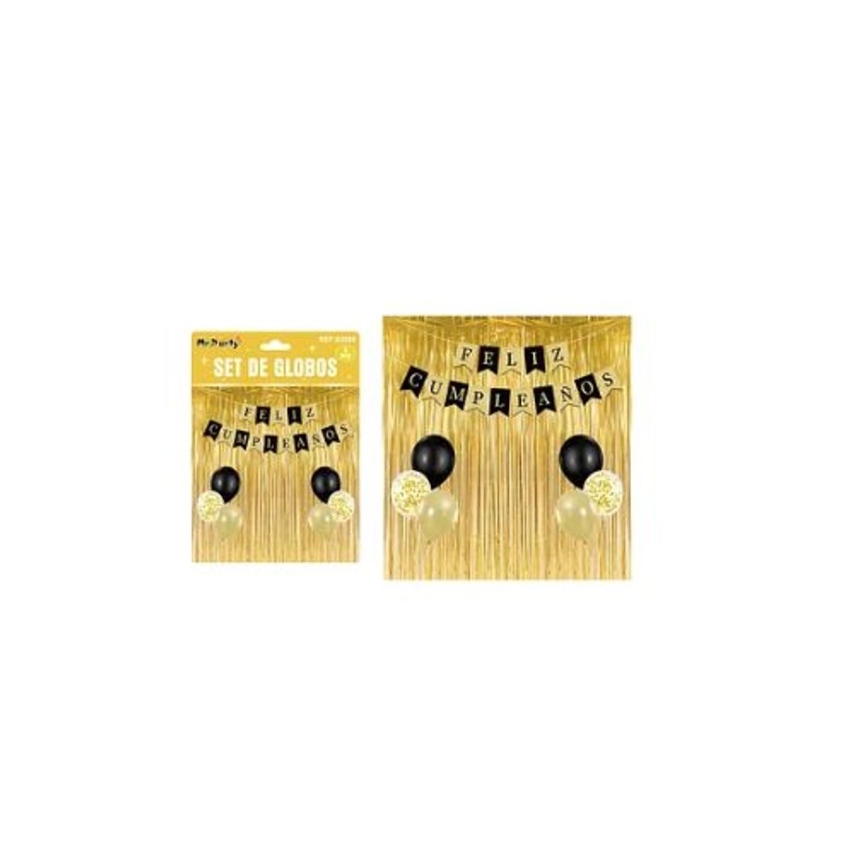 GENERICO - Set de globos con cortina y guirnalda dorado y negro 9pcs