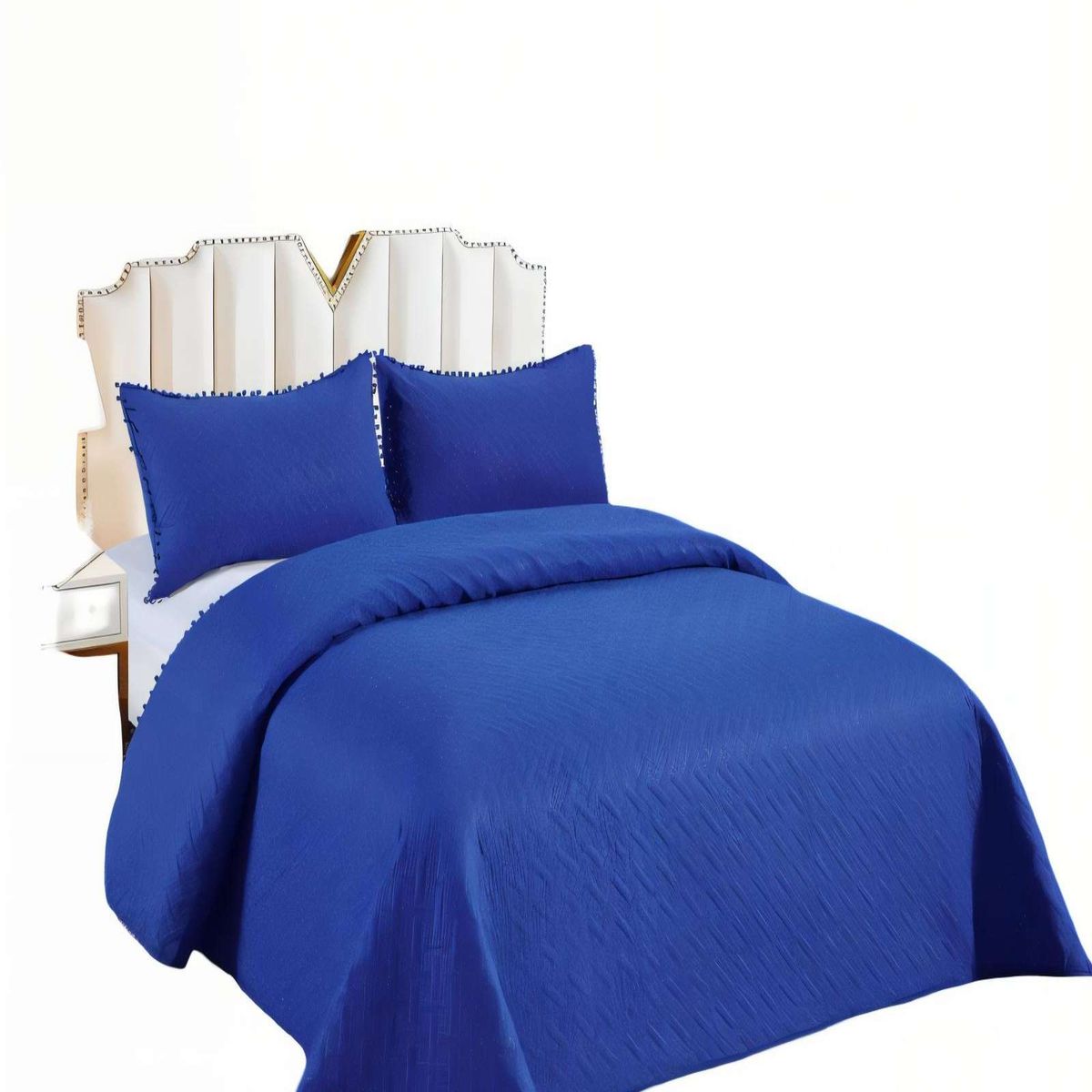 GENERICO - QUILT DE VERANO CON POMPON COLOR LISO KING COLOR AZUL OSCURO