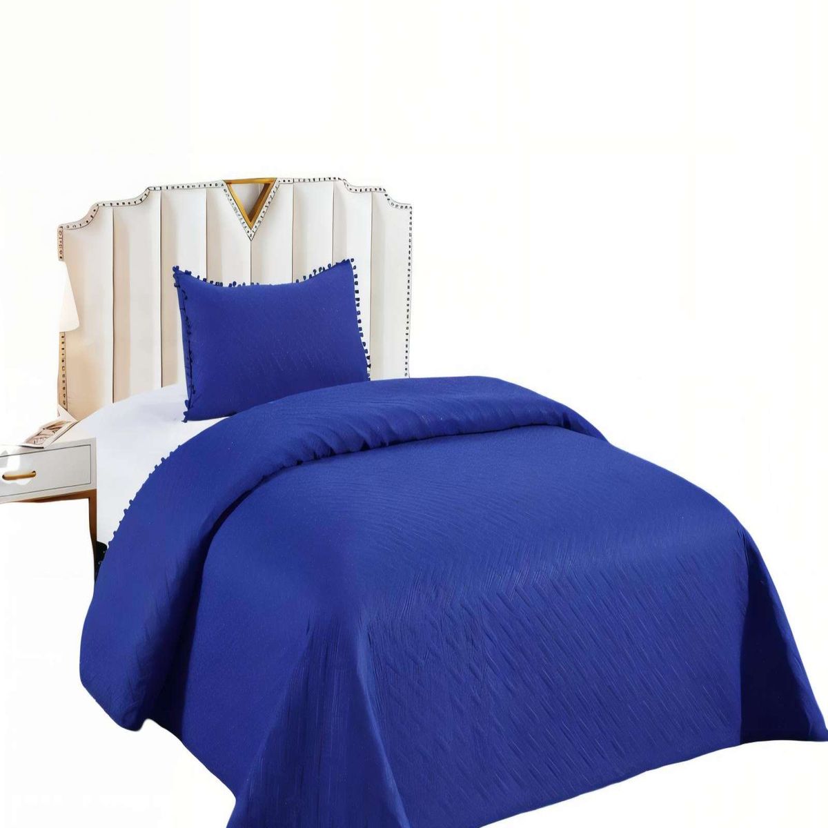 GENERICO - CUBRECAMA DE VERANO UNICOLOR CON POMPON PYM COLOR AZUL