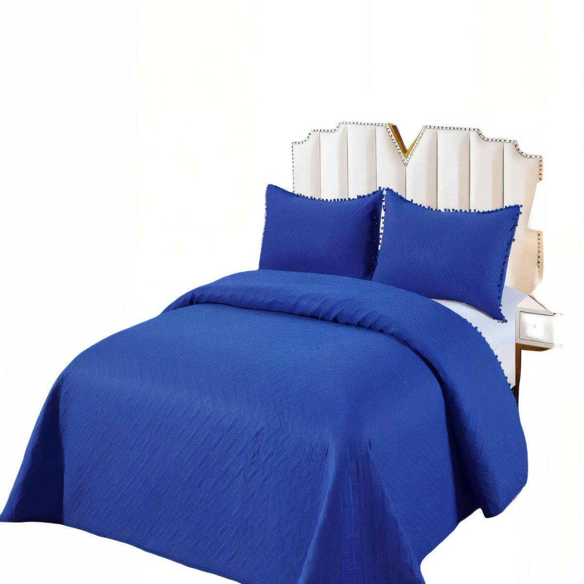 GENERICO - CUBRECAMA DE VERANO UNICOLOR CON POMPON 2P COLOR AZUL OSCURO
