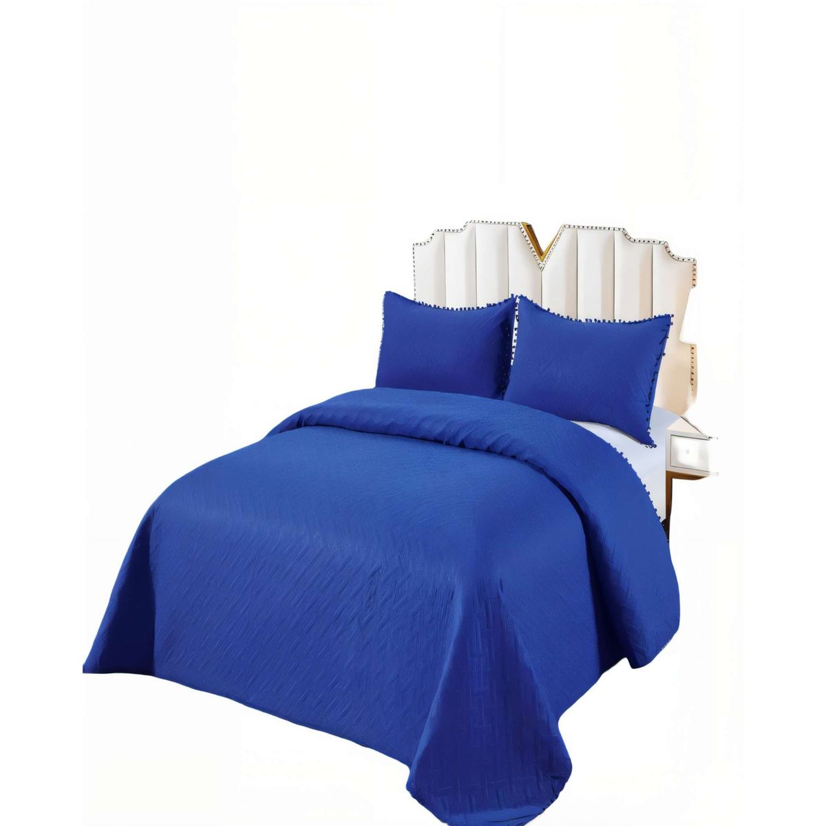 GENERICO - CUBRECAMA DE VERANO UNICOLOR CON POMPON 2P COLOR AZUL OSCURO