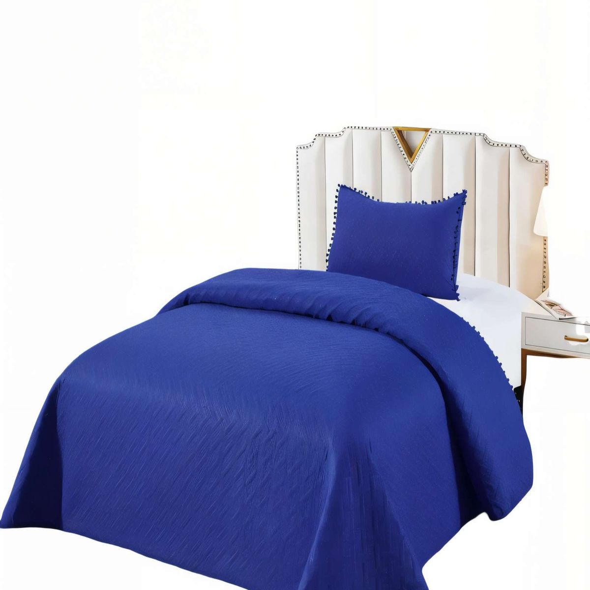 GENERICO - CUBRECAMA DE VERANO UNICOLOR CON POMPON KING COLOR AZUL