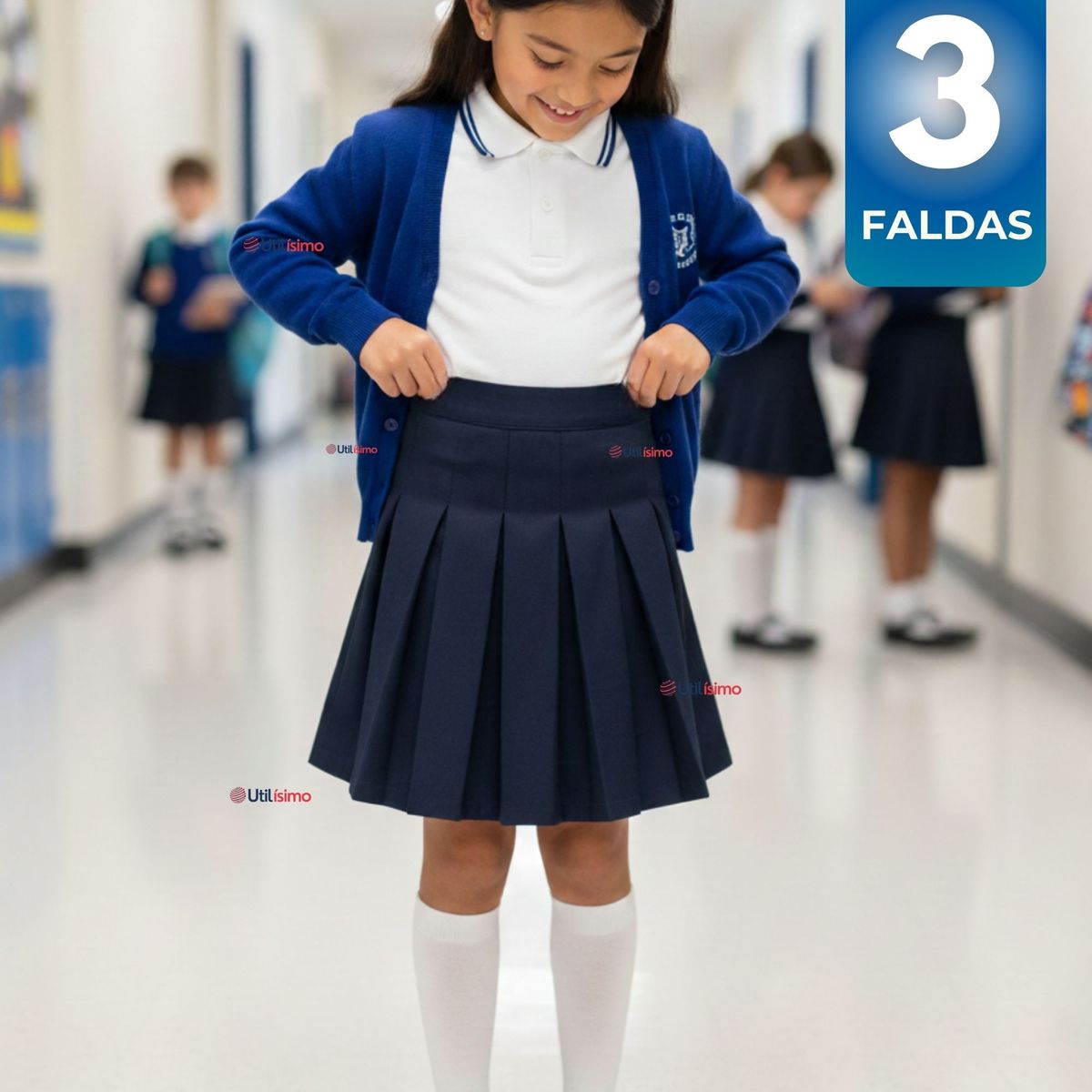 UTILISIMO - Pack 3 Faldas Escolar Plisada Color Azul Niña