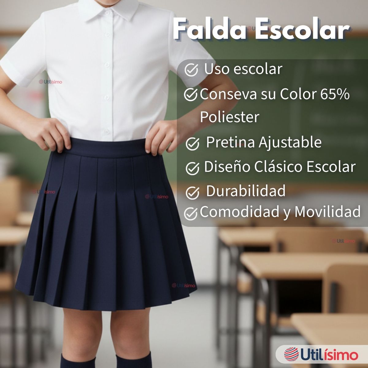 UTILISIMO - Pack 3 Faldas Escolar Plisada Color Azul Niña