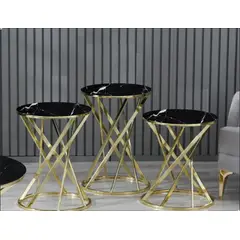 GENERICO - Mesas Laterales Vidrio Templado Yelpaze Gold Metal Negro efecto de Marmol