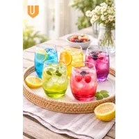 Set 6 Vasos Vidrio Base Multicolor Jugos Cocteles Agua 12cm