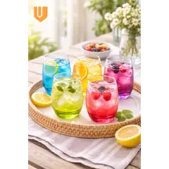GENERICO - Set 6 Vasos Vidrio Base Multicolor Jugos Cocteles Agua 12cm