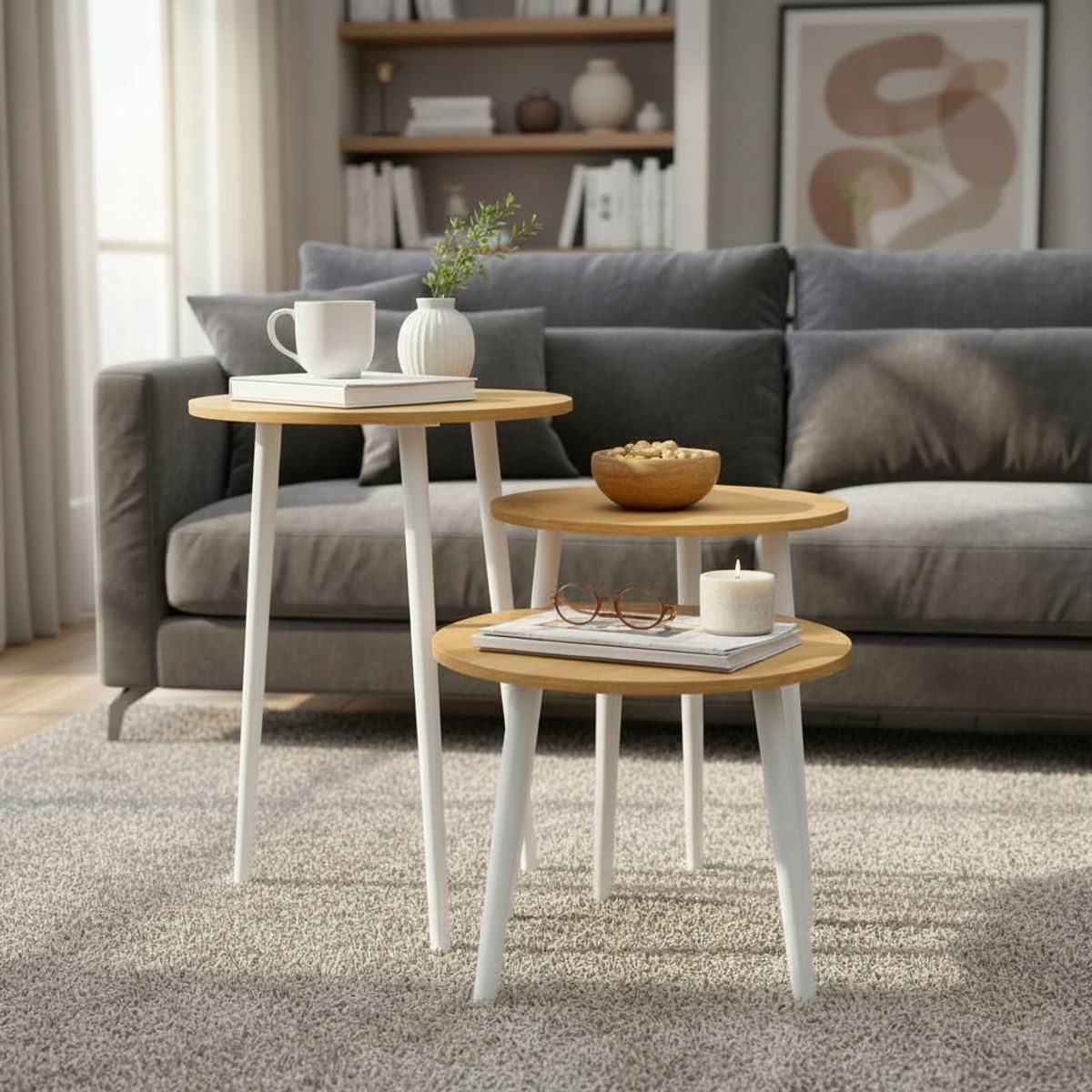 GENERICO - Set 3 Mesas Centro Redonda Bambu Decorativas Hogar