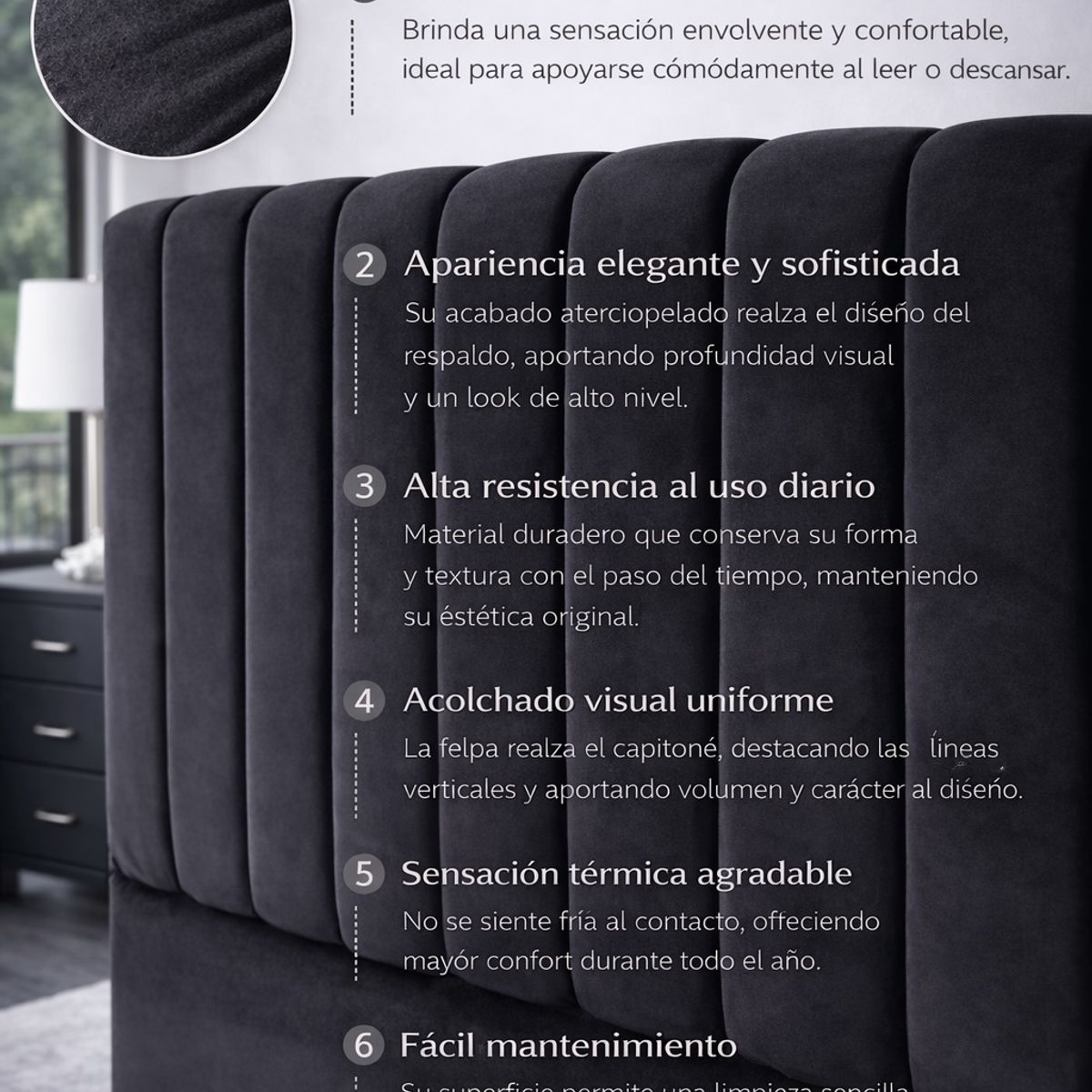 GENERICO - Respaldo de Cama 2 Plazas Tapizado en Felpa Premium Color Negro
