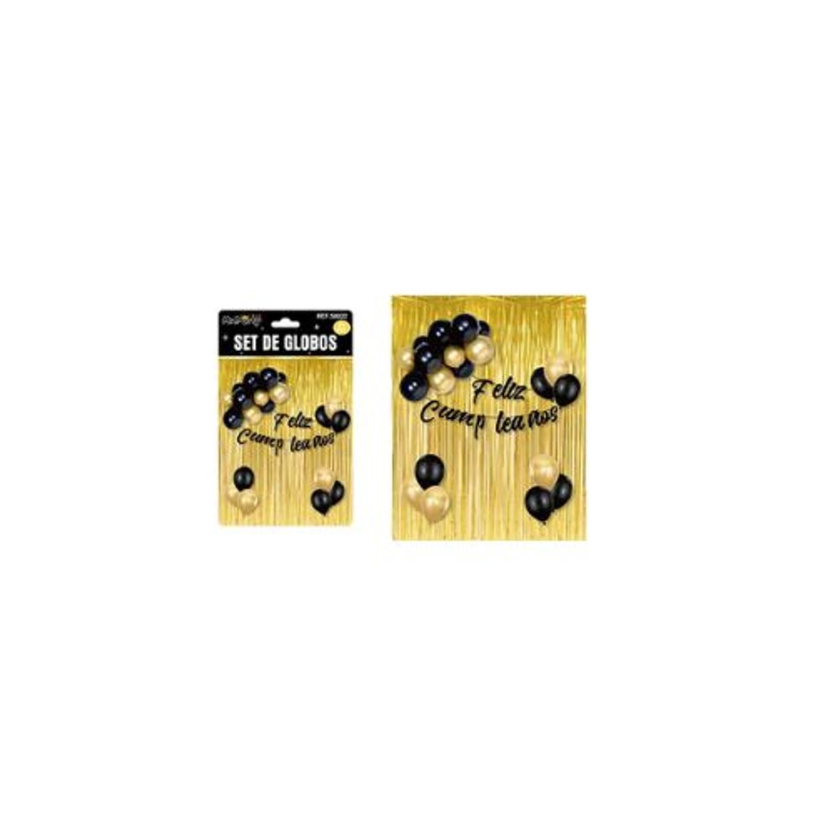GENERICO - Set de globos y guirnalda con cortina metálicas dorado y negro 24pcs