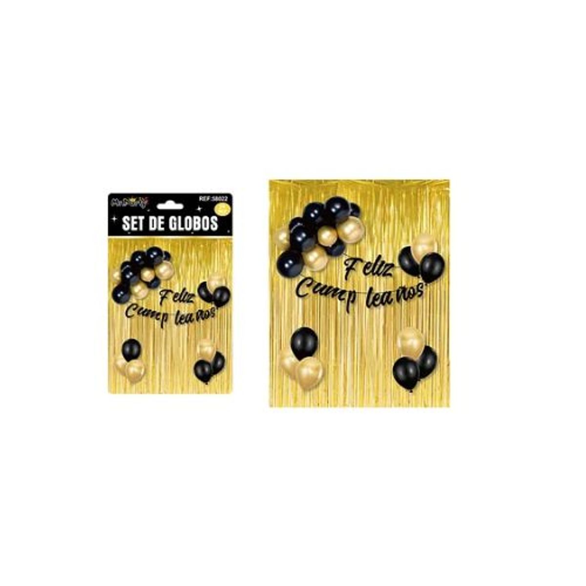 GENERICO - Set de globos y guirnalda con cortina metálicas dorado y negro 24pcs