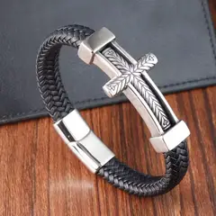 GENERICO - Pulsera Masculina de Cuero Trenzado con Cruz en Acero