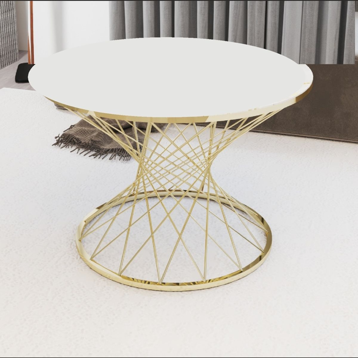 GENERICO - Mesa Centro Vidrio Templado Pota Gold Metal Blanco