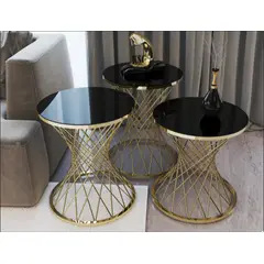 GENERICO - Mesas Laterales Vidrio Templado Pota Gold Metal Negro efecto Marmol