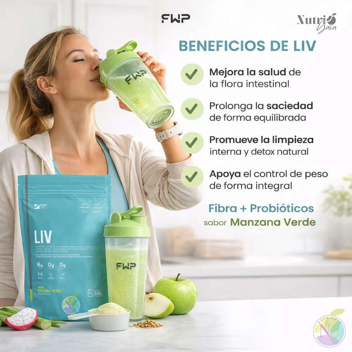 GENERICO - LIV FWP - Fibra + Probióticos, Manzana Verde 280 g - Saciedad y Salud Digestiva