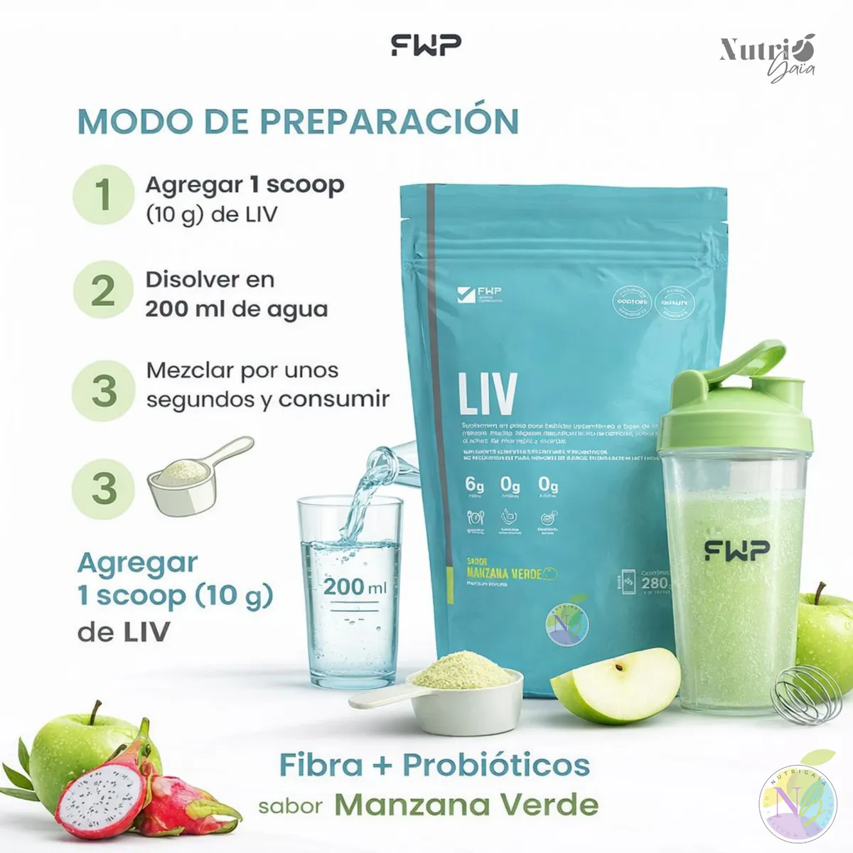 GENERICO - LIV FWP - Fibra + Probióticos, Manzana Verde 280 g - Saciedad y Salud Digestiva