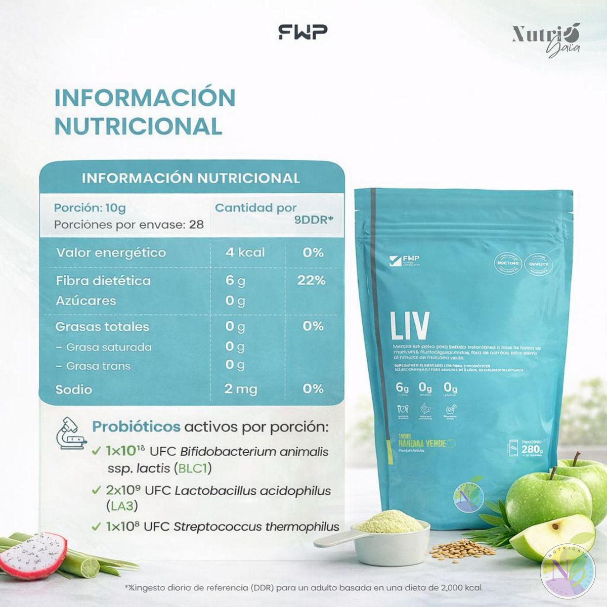 GENERICO - LIV FWP - Fibra + Probióticos, Manzana Verde 280 g - Saciedad y Salud Digestiva