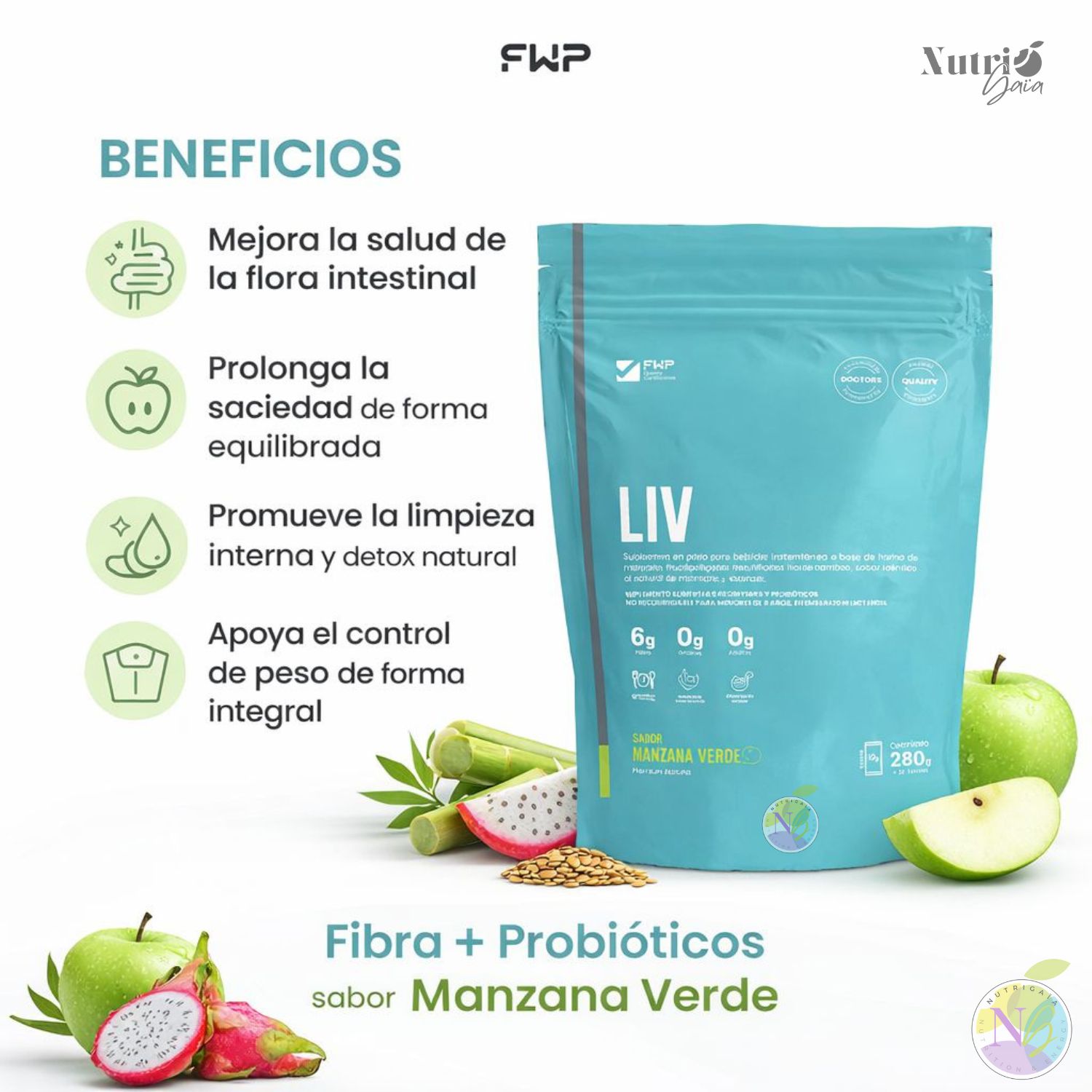 GENERICO LIV FWP - Fibra + Probióticos, Manzana Verde 280 g - Saciedad y  Salud Digestiva | Falabella Chile