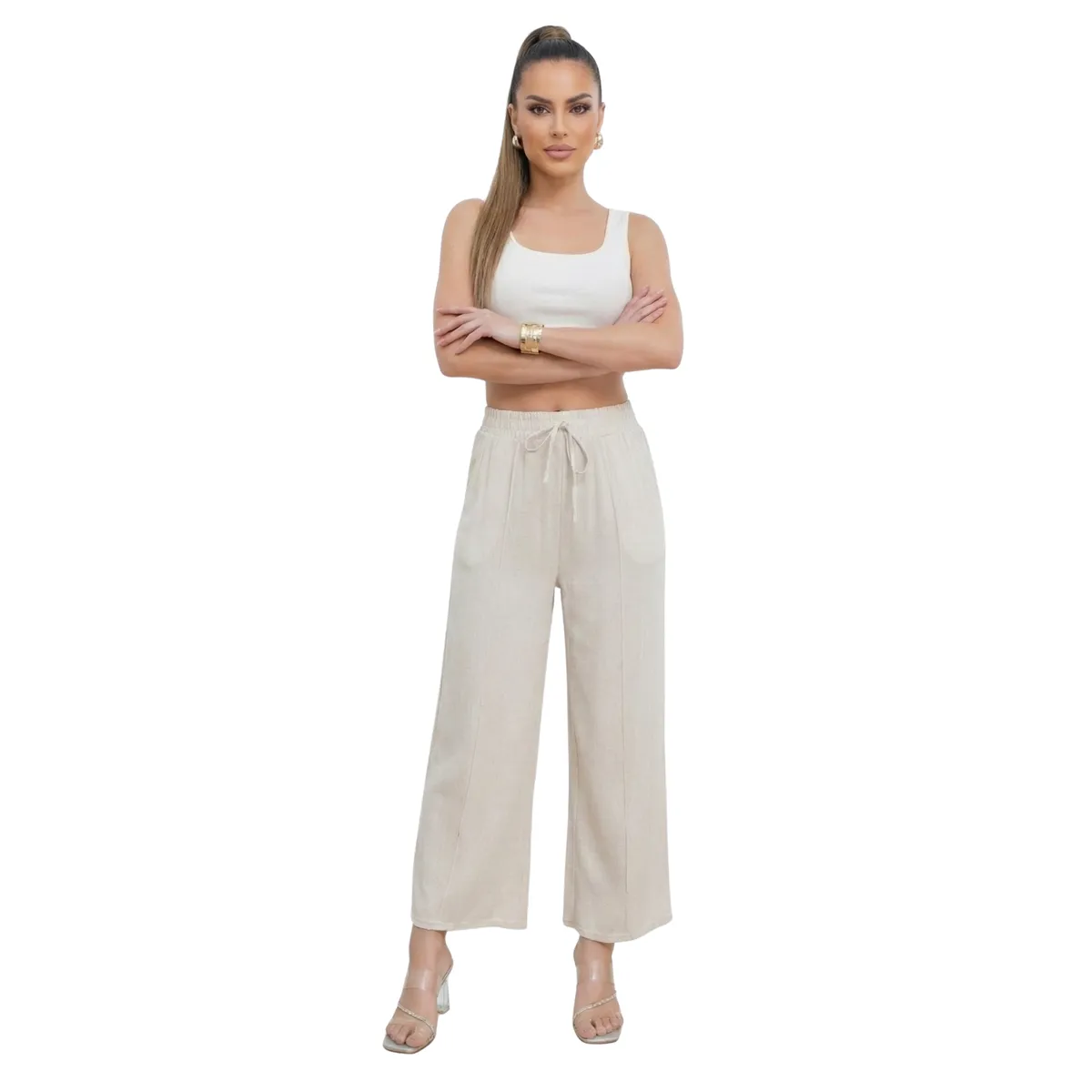 D'JOE - Pantalón Lino Mujer Wide Leg Palazo Tiro Alto