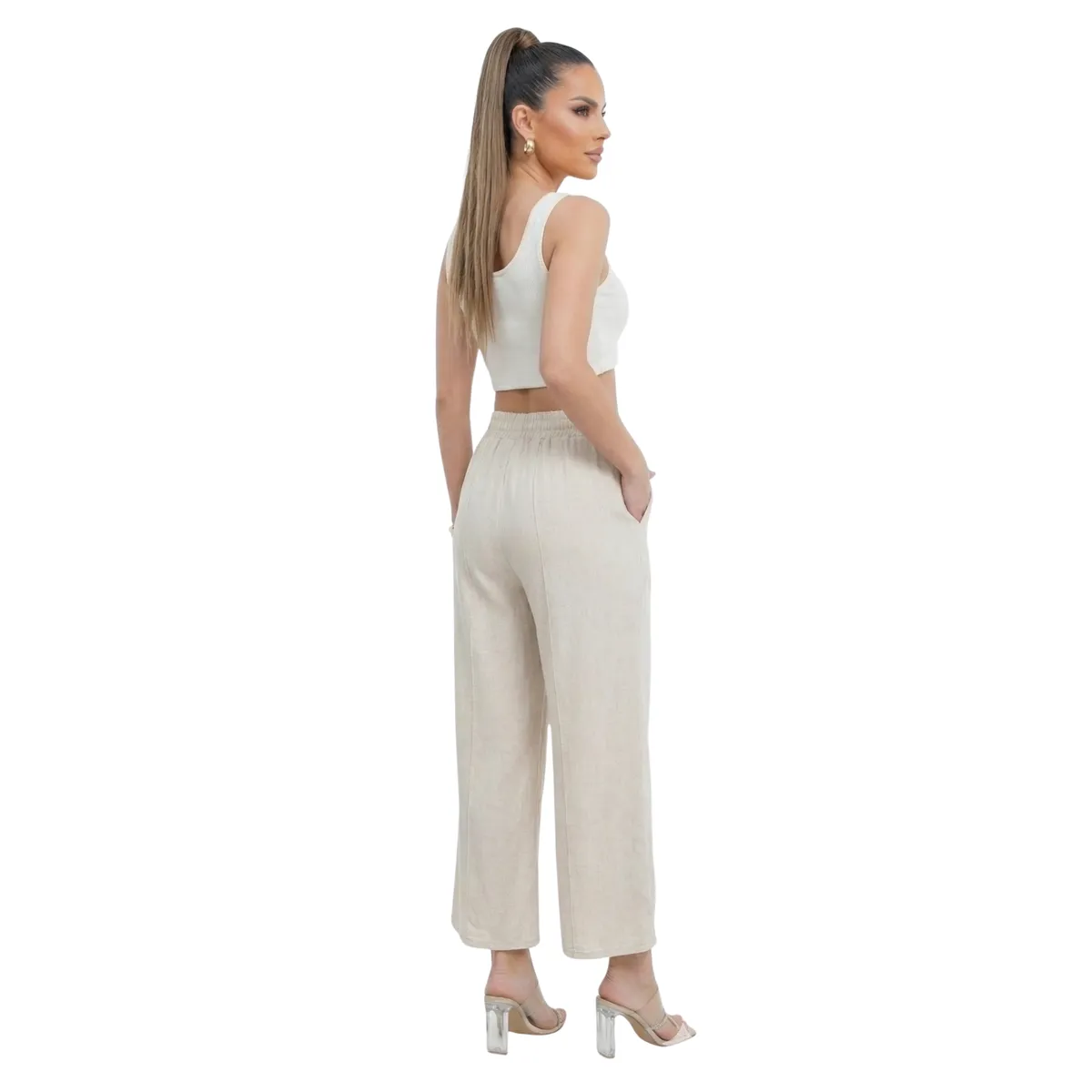 D'JOE - Pantalón Lino Mujer Wide Leg Palazo Tiro Alto