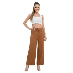 D'JOE - Pantalón Lino Mujer Wide Leg Palazo Tiro Alto