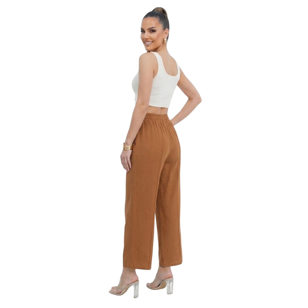 D'JOE - Pantalón Lino Mujer Wide Leg Palazo Tiro Alto