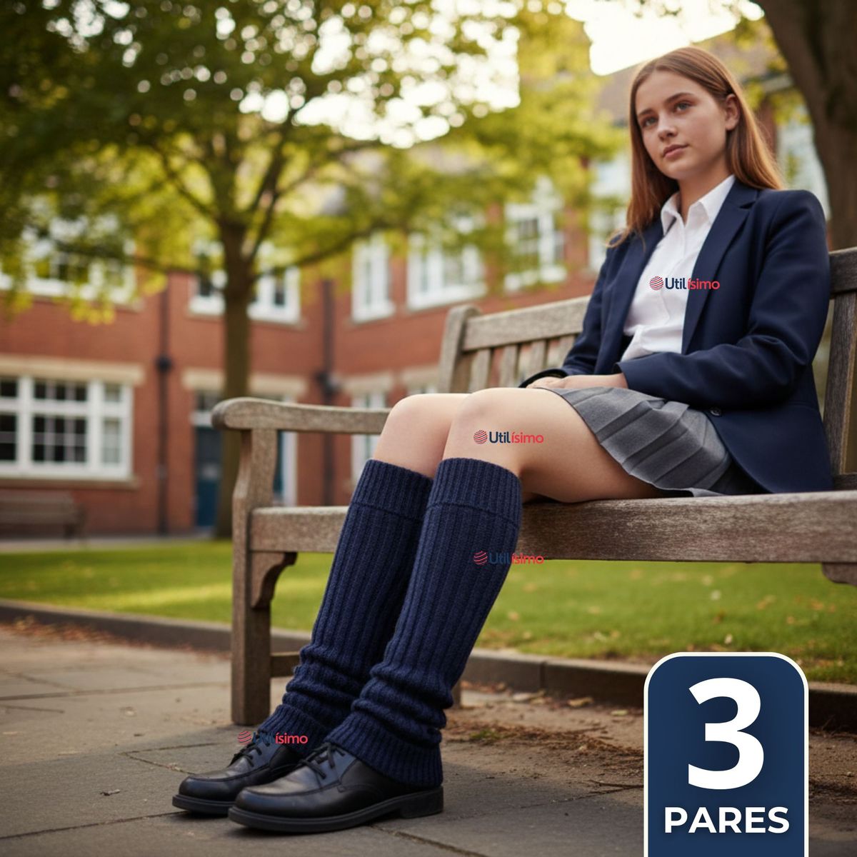 UTILISIMO - Pack 3 Polainas Escolares Invierno Abrigadoras Niña Juvenil Azul Acrílico
