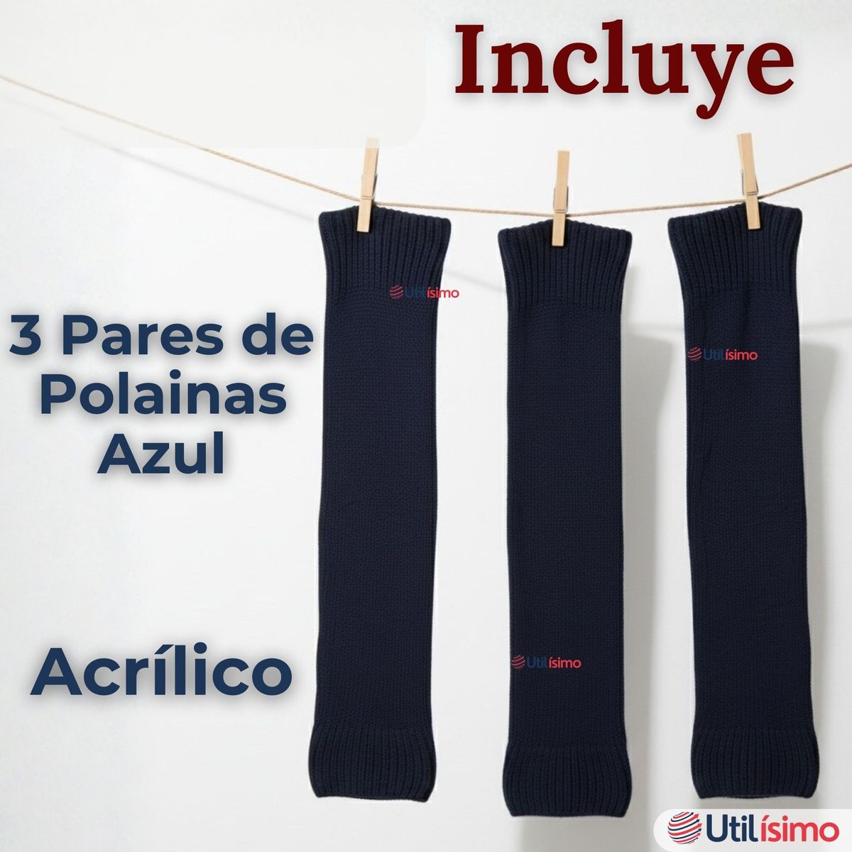UTILISIMO - Pack 3 Polainas Escolares Invierno Abrigadoras Niña Juvenil Azul Acrílico