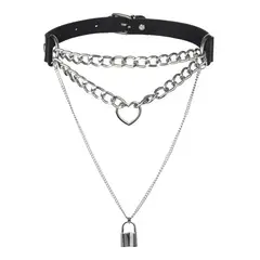 GENERICO - Collar Gargantilla De Cuero Gótica Corazón Y Candado Mujer