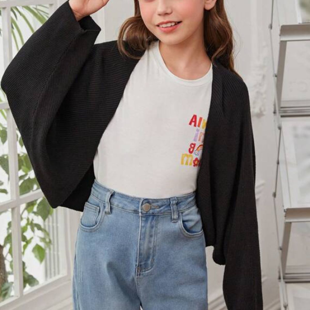 KIRAMA CLOTHING STORE - Cárdigan Niña Tejido Negro Manga Murciélago Estilo Casual
