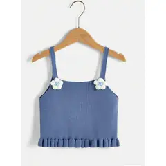 KIRAMA CLOTHING STORE - Top Niña de Punto Azul Sin Mangas con Flores y Vuelo
