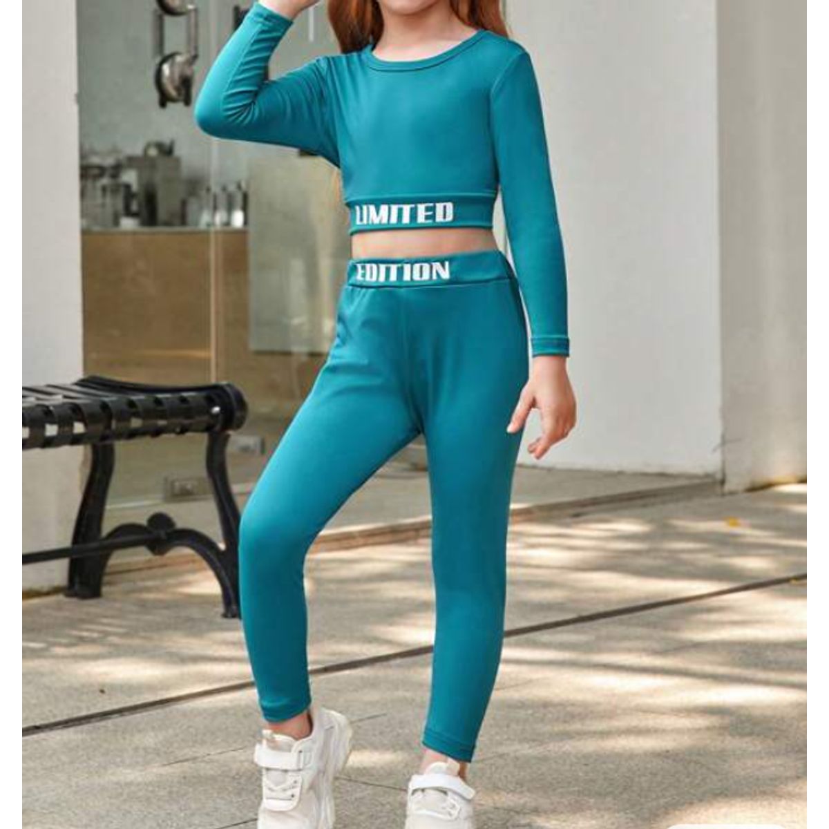 KIRAMA CLOTHING STORE - Conjunto niña crop manga larga y leggings azul