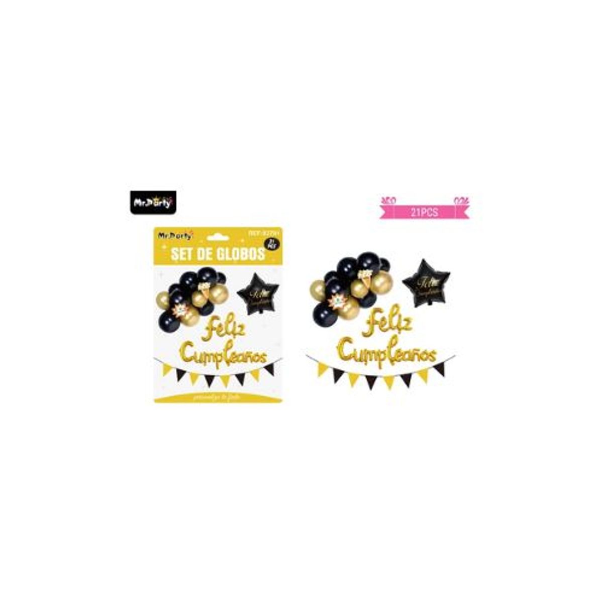 GENERICO - Set de globos y banderines negro y dorado con estrella 21pcs