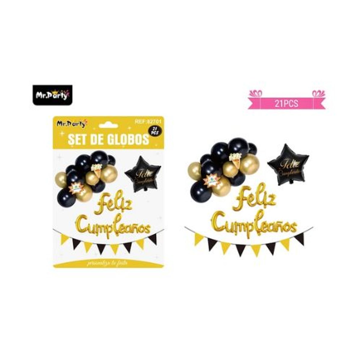 GENERICO - Set de globos y banderines negro y dorado con estrella 21pcs