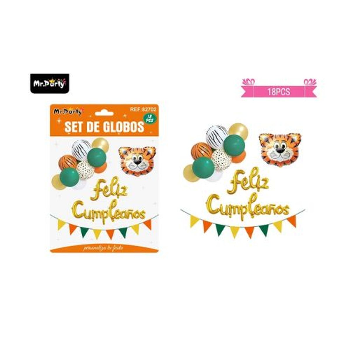 GENERICO - Set de globos y banderines con tigre 18pcs