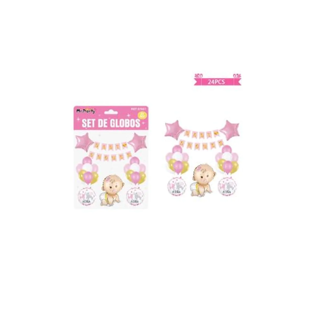 GENERICO - Set de globos látex y guirnalda baby shower rosado 24pcs