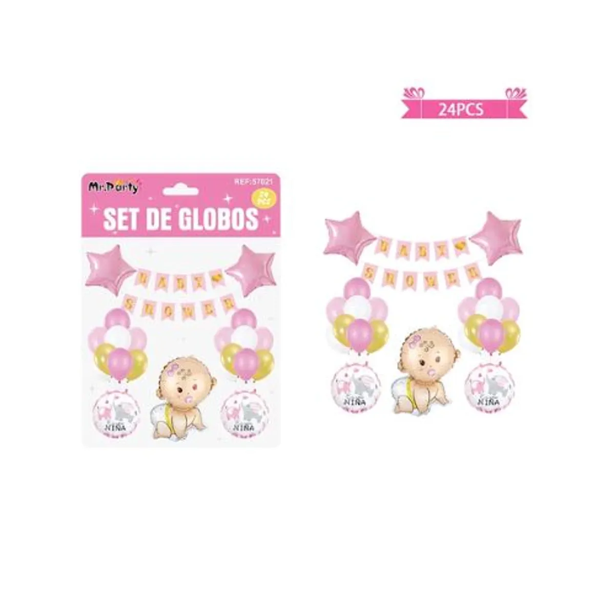 GENERICO - Set de globos látex y guirnalda baby shower rosado 24pcs