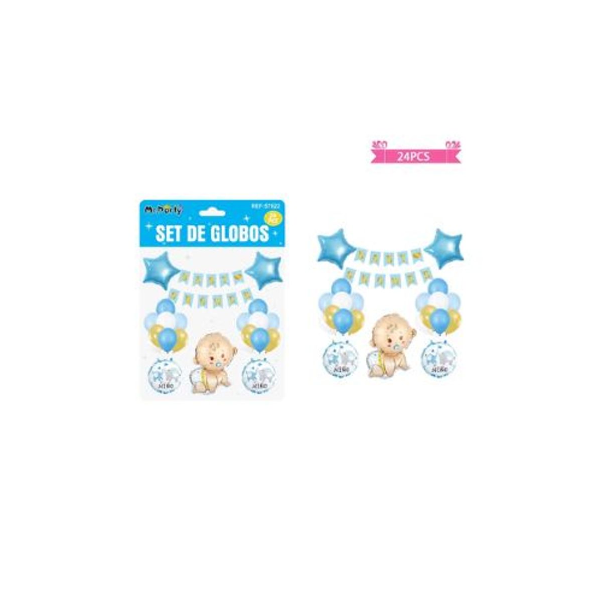 GENERICO - Set de globos látex y guirnalda baby shower celeste 24pcs