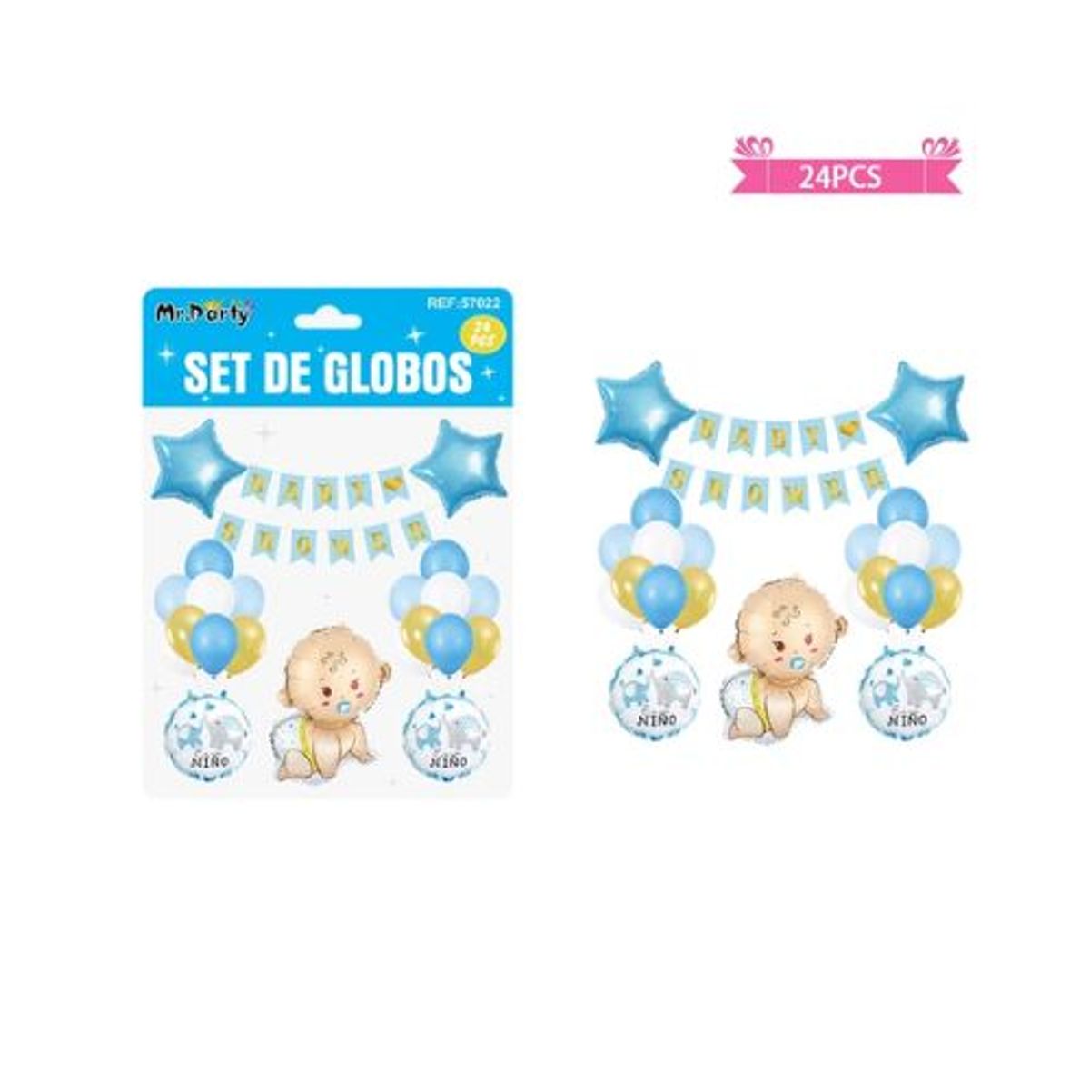 GENERICO - Set de globos látex y guirnalda baby shower celeste 24pcs