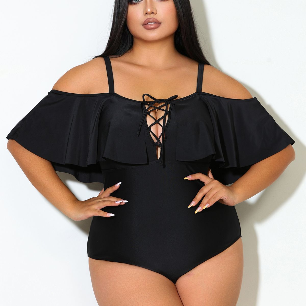 PUREPOWER - Bikini clásico negro con cordón y volantes de gran talla para mujer estilo ruso-size L