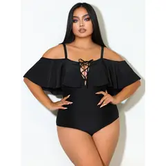 PUREPOWER - Bikini clásico negro con cordón y volantes de gran talla para mujer estilo ruso-size XL