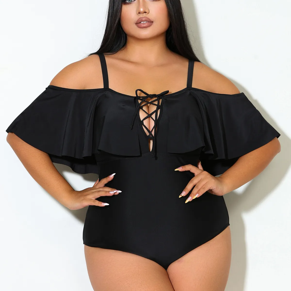 PUREPOWER - Bikini clásico negro con cordón y volantes de gran talla para mujer estilo ruso-size XXL